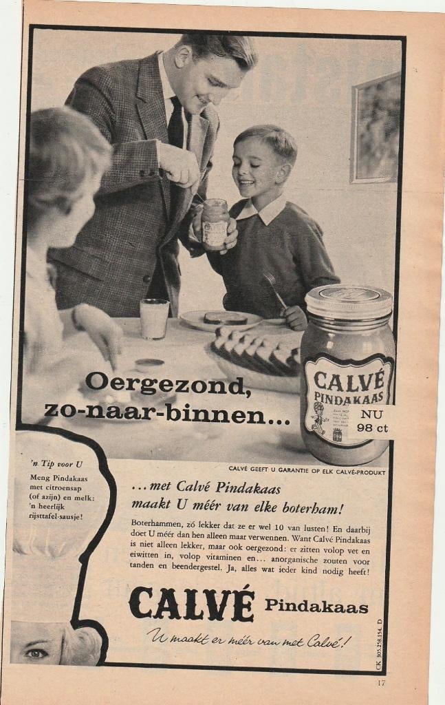 Retro reclame 1960 Calvé pindakaas jongetje kijkt blij, Verzenden, Overige typen
