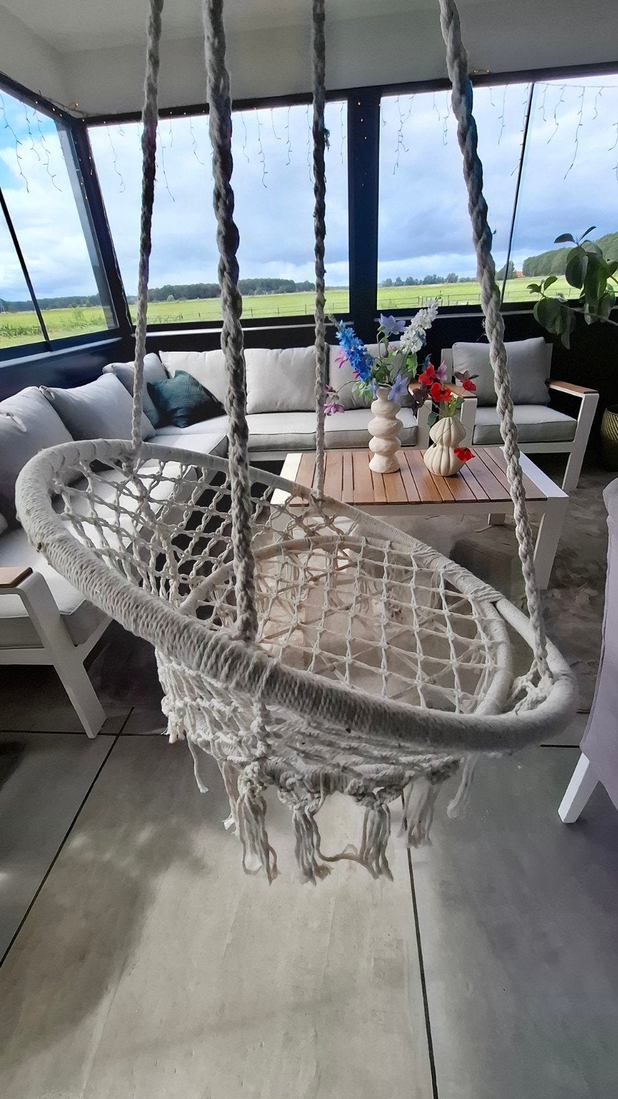 Nieuwe hangstoel / schommelstoel (macrame), Ophalen, Bohemian, Macrame, Wit, Zo goed als nieuw