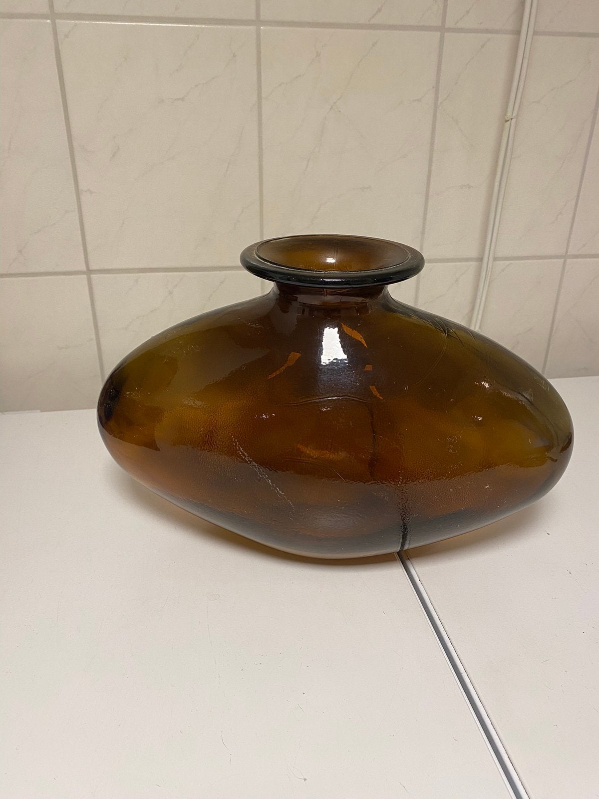 Vintage amberkleurige( Cognac)glazen vaas groot, Ophalen of Verzenden