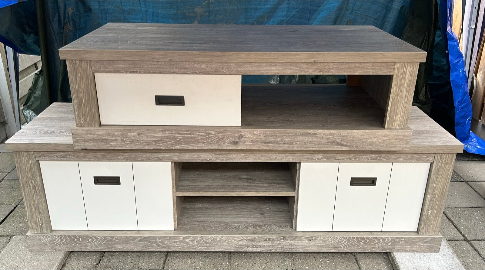 Moderne salontafel en tv-meubel set - Grijs/Wit, Ophalen, 50 – 75, Gebruikt, 100 tot 150 cm