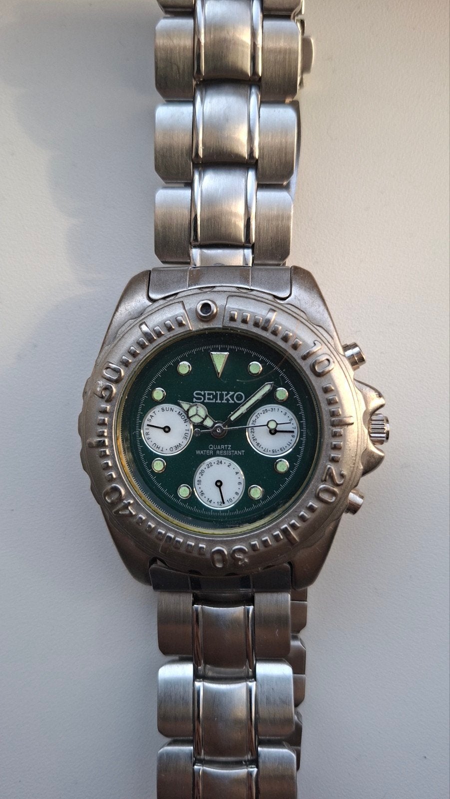 Seiko  Herenhorloge - Groene Wijzerplaat, Gebruikt, Staal, Polshorloge, Ophalen of Verzenden
