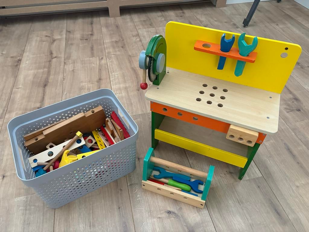 Houten werkbank met gereedschap en bouwset, Ophalen, Gebruikt, Jongen of Meisje