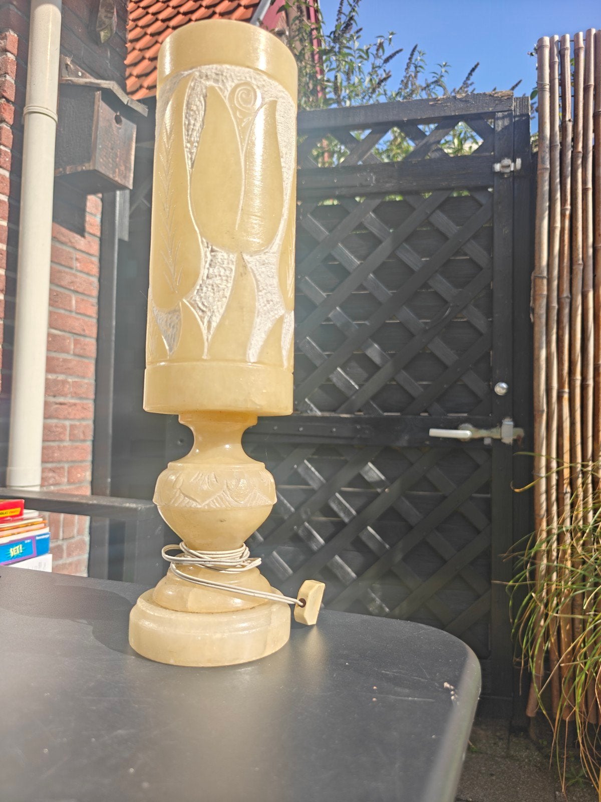 Vintage Albasten Tafellamp met Bladmotief, Ophalen of Verzenden