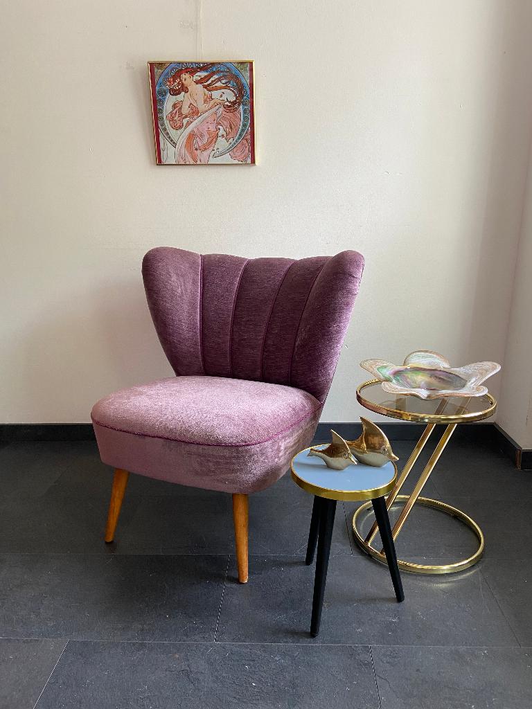Vintage Cocktailfauteuil met lila velours bekleding, Ophalen, Gebruikt, Minder dan 75 cm, Stof