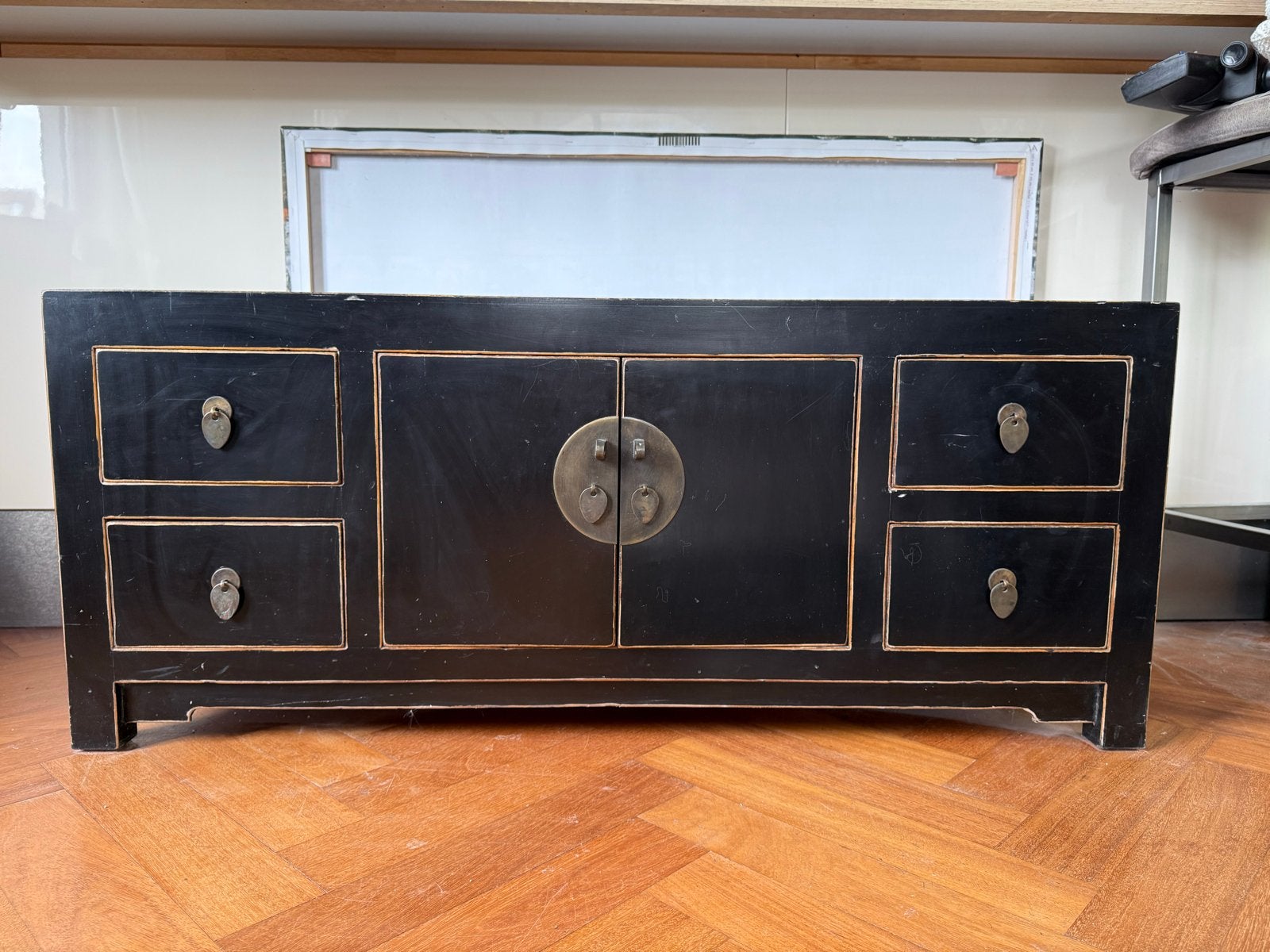 Zwart Chinees dressoir met lades en deuren, Ophalen, Gebruikt, 100 tot 150 cm, Met lade(s)