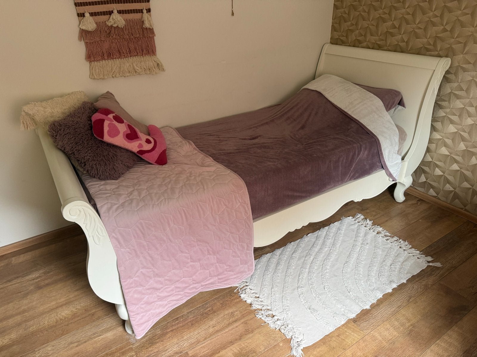 Complete meisjeskamer set: bed, kast, nachtkastje wit hout, Ophalen, Gebruikt, Eenpersoons, Barok, prinses, brocant