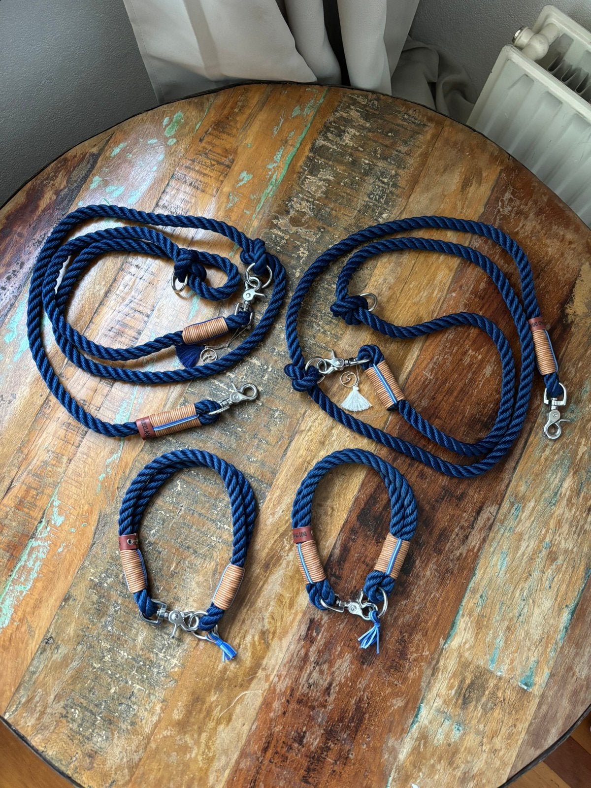 Honden halsband + lijn touw navy Zeeland Dog 40 en 44 cm, Ophalen of Verzenden, Handgemaakt, Zo goed als nieuw