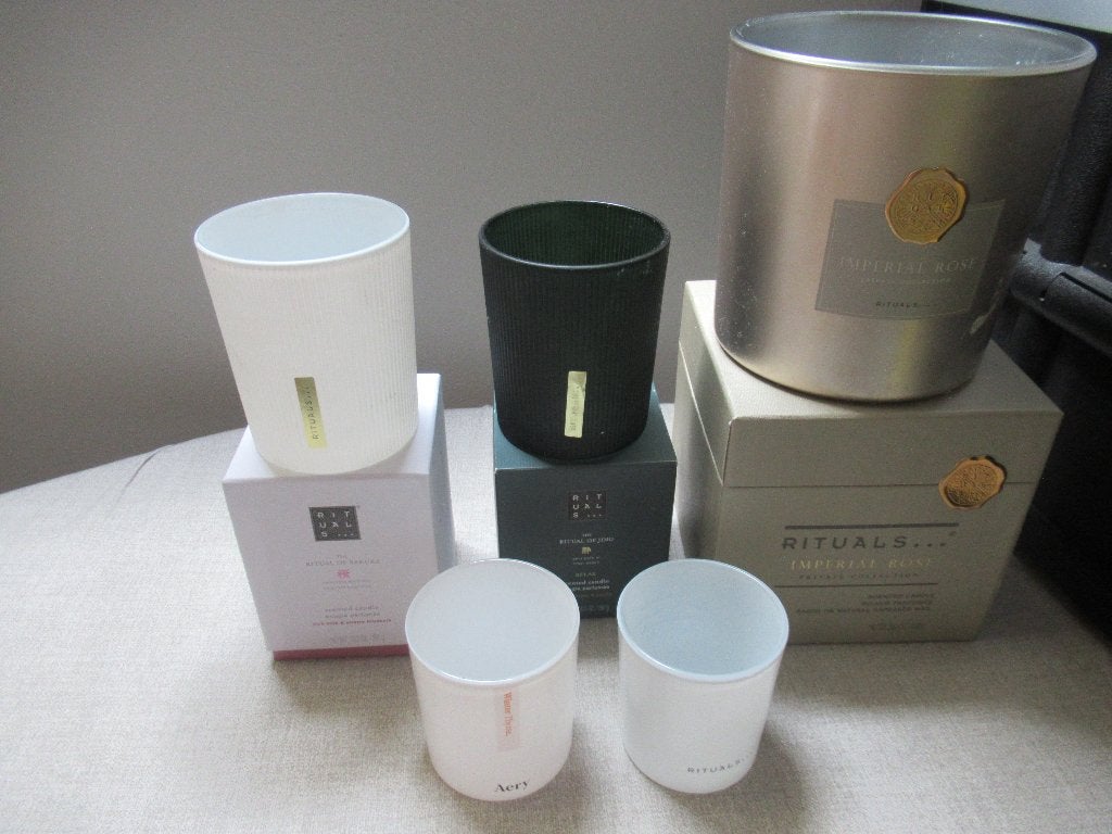 4x lege RITUALS scented CANDLE POTJES + 1x AERY + 1x Douglas, Gebruikt, Meerkleurig, Overige typen, Ophalen of Verzenden