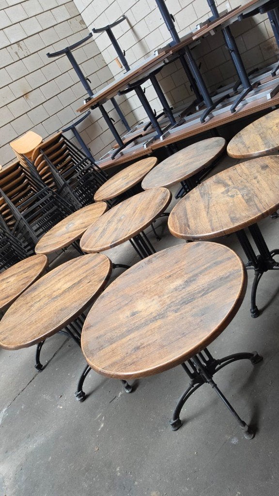 Horeca / bistro tafels | houtlook | zwaar onderstel, Ophalen, Gebruikt