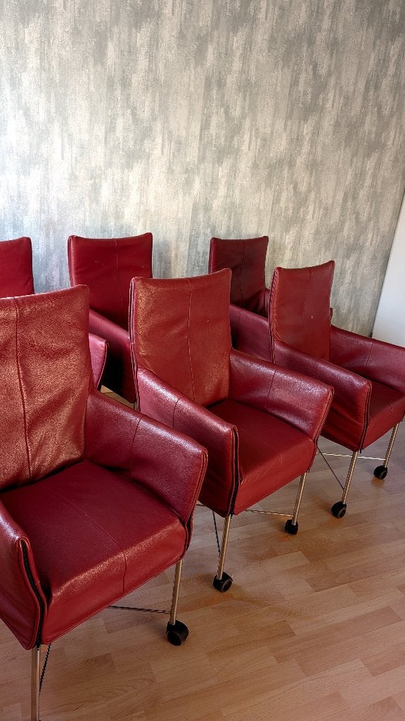 6 luxe leren eetkamerstoelen op wielen  roodbbruin, Ophalen, Modern design, Gebruikt, Vijf, Zes of meer stoelen