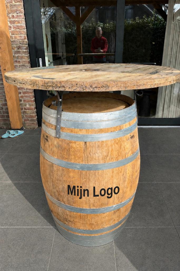 Houten statafels van wijnvaten met logo, merk of foto, Ophalen of Verzenden, Gebruikt