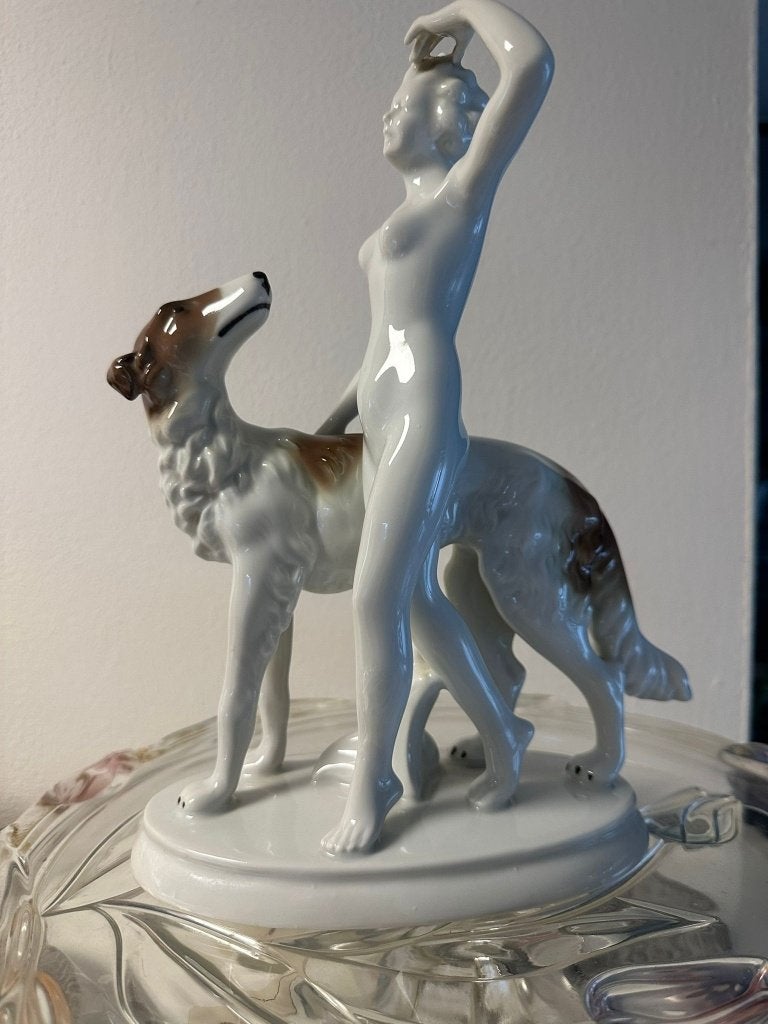 vrouw met windhond barzoi borzoi porselein gerold bavaria, Ophalen of Verzenden