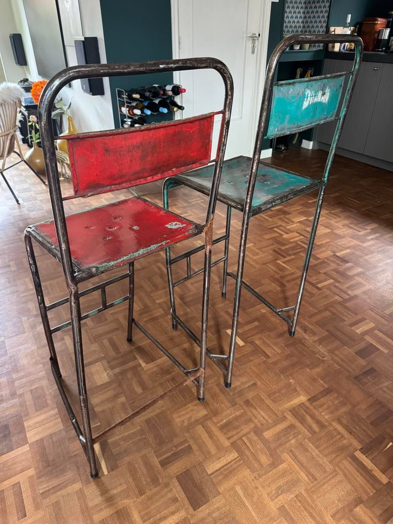 Set van 2 Vintage Industriële Barkrukken - Rood & Groen, Ophalen