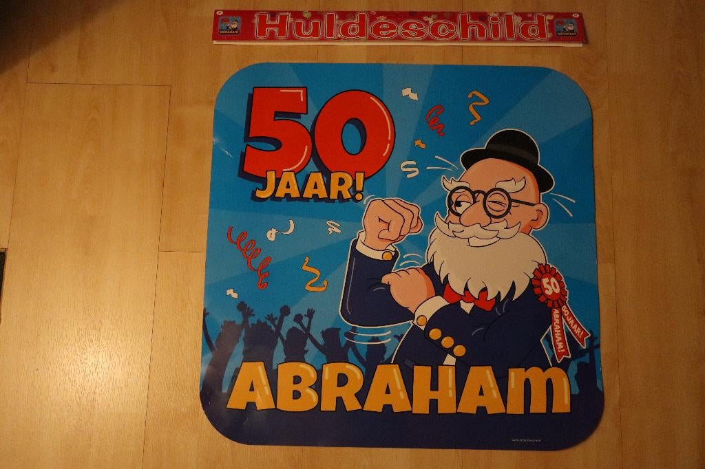 Feestversiering Abraham 50 jaar huldeschild + vlaggetjeslijn, Hobby en Vrije tijd, Feestartikelen, Ophalen, Gebruikt, Versiering
