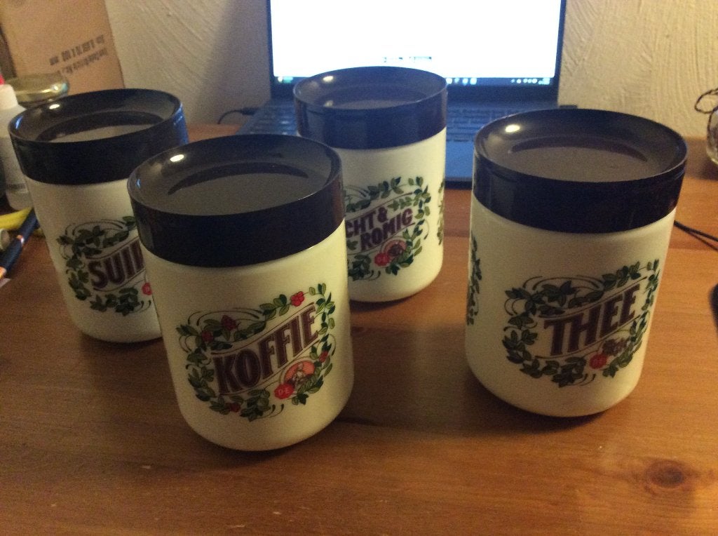Vintage Douwe Egberts voorraadpotten set van 4. Melkglas, Huis en Inrichting, Voorraadpot, Ophalen of Verzenden, Glas
