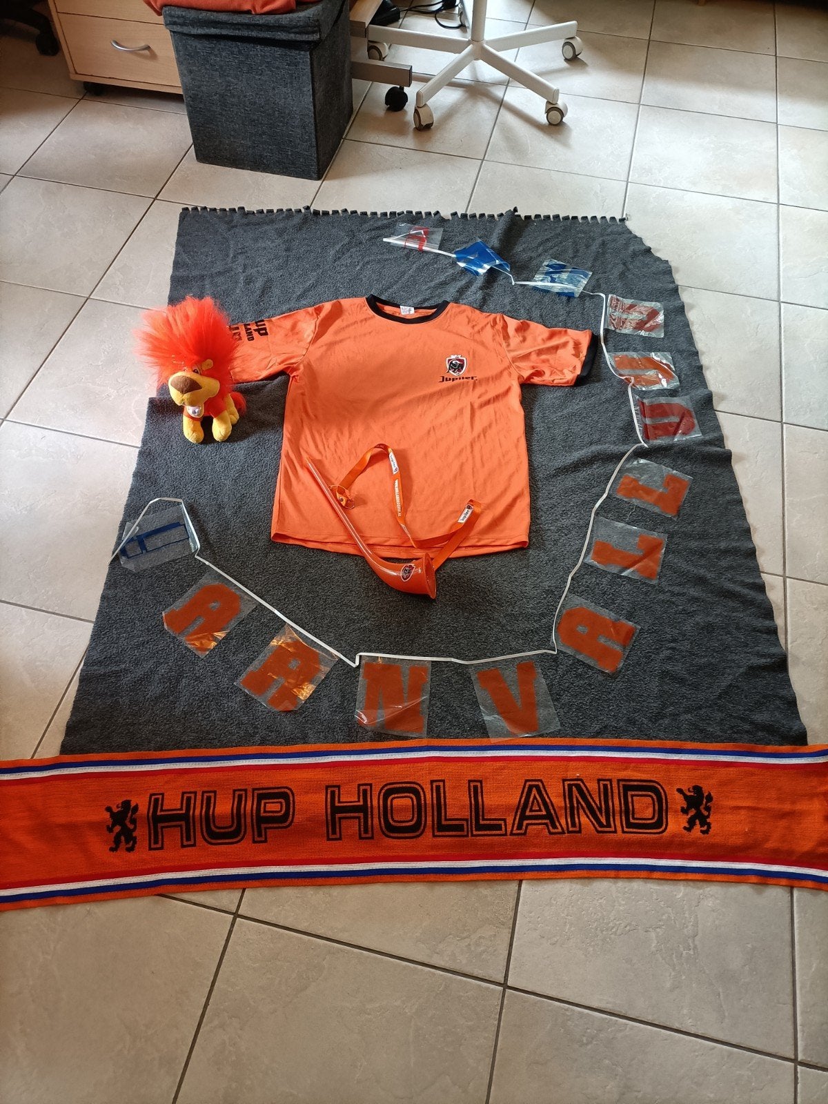 Oranje Fan pakket: Shirt, Sjaal, Leeuw, slinger & Toeter, Ophalen of Verzenden, Versiering, Oranje of Koningsdag