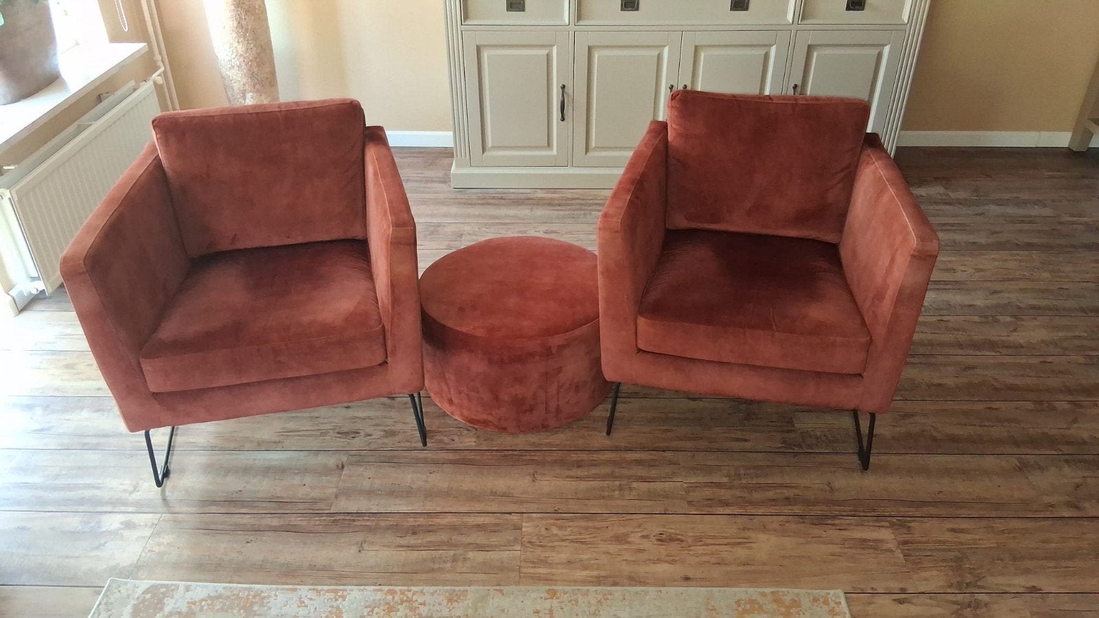 Fauteuils met poef - Terracotta kleur, Ophalen, Modern, Fluweel, Terracotta, 75 tot 100 cm, Zo goed als nieuw