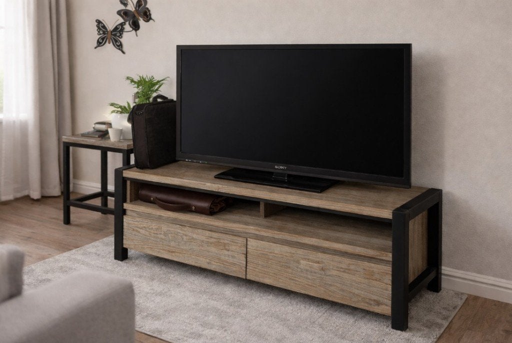 TV meubel - houtlook met zwart, Ophalen, 100 tot 150 cm, Zo goed als nieuw, Minder dan 100 cm