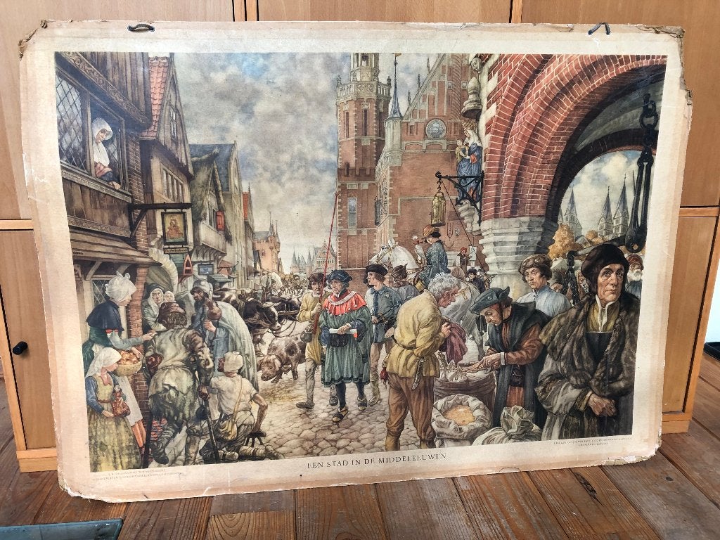 schoolplaat "Een stad in de Middeleeuwen", Ophalen, Geschiedenis