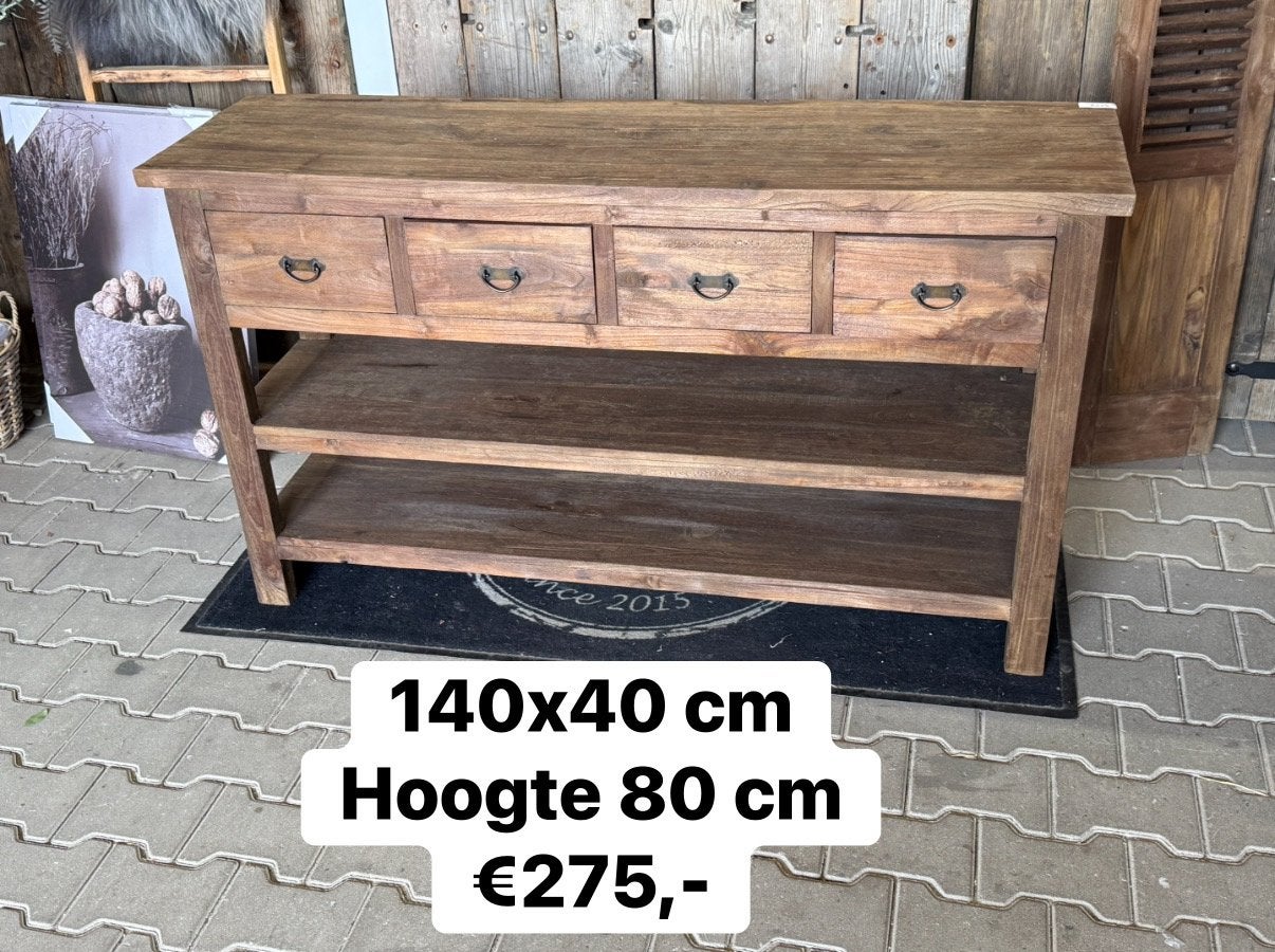 Teak houten sidetable met 4 lades en planken stoer sober jwm, Huis en Inrichting, Nieuw, Landelijk, Bruin, ..