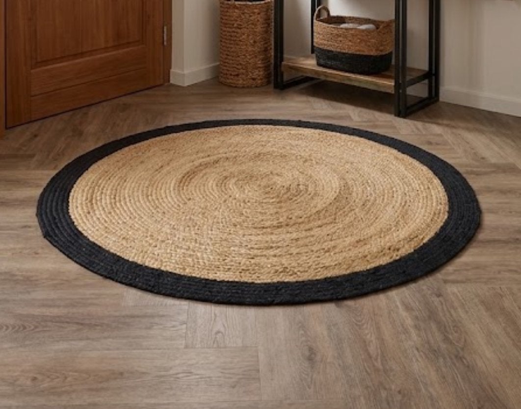 HKliving rond jute vloerkleed met zwarte rand - 125 cm, 100 tot 150 cm, Zwart, Rond, Ophalen of Verzenden