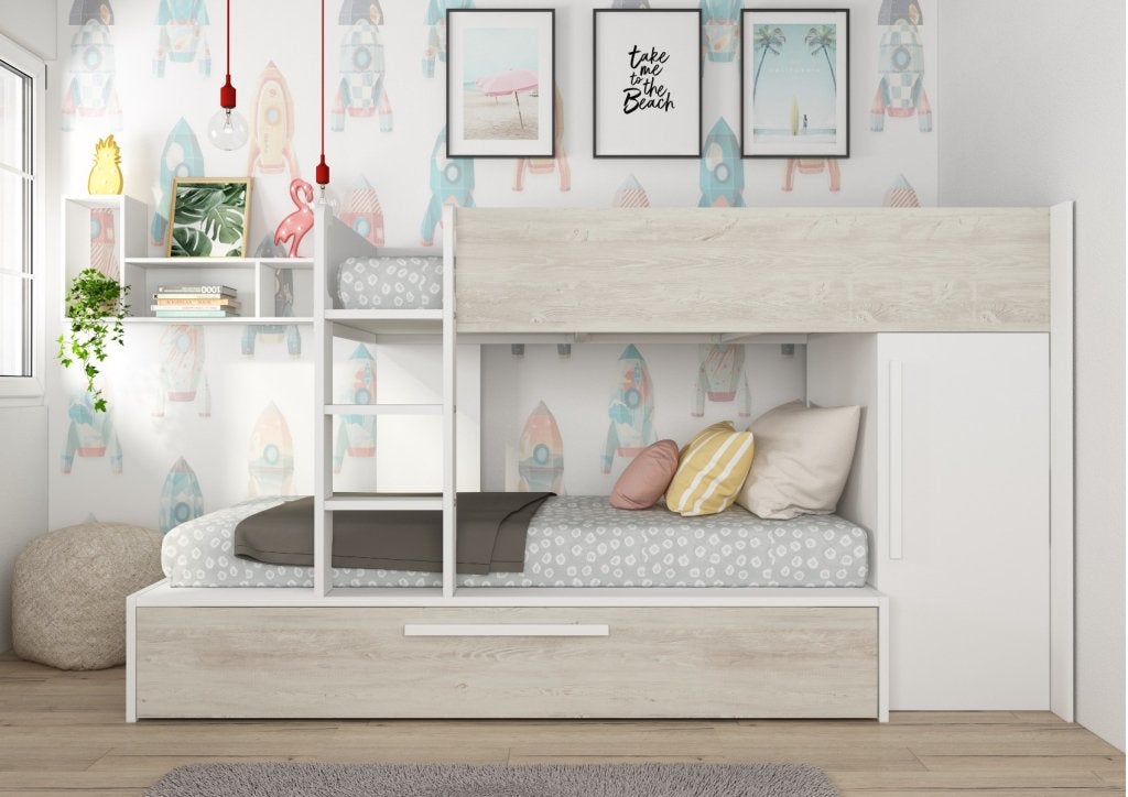 Jules stapelbed met kast en slaaplade - 90x200 - Wit, Niet ingevuld, Niet ingevuld, Niet ingevuld