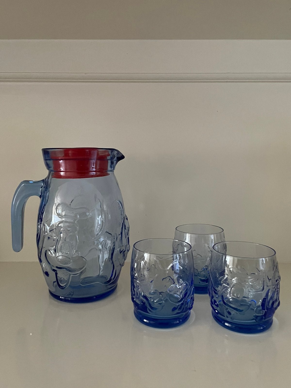 Disney set kan glazen blauw glas mickey minnie mouse goofy, Ophalen of Verzenden, Zo goed als nieuw, Overige typen