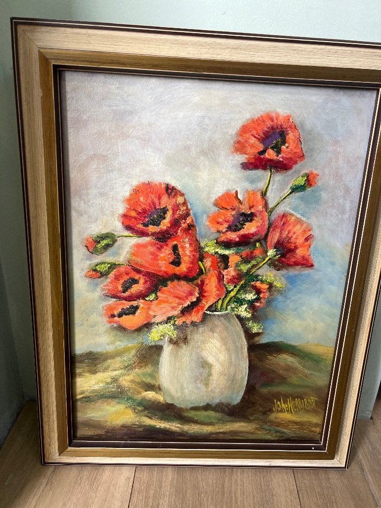 Schilderij met klaprozen in vaas, gesigneerd, Doek, Realistisch, Ophalen, Bloemen