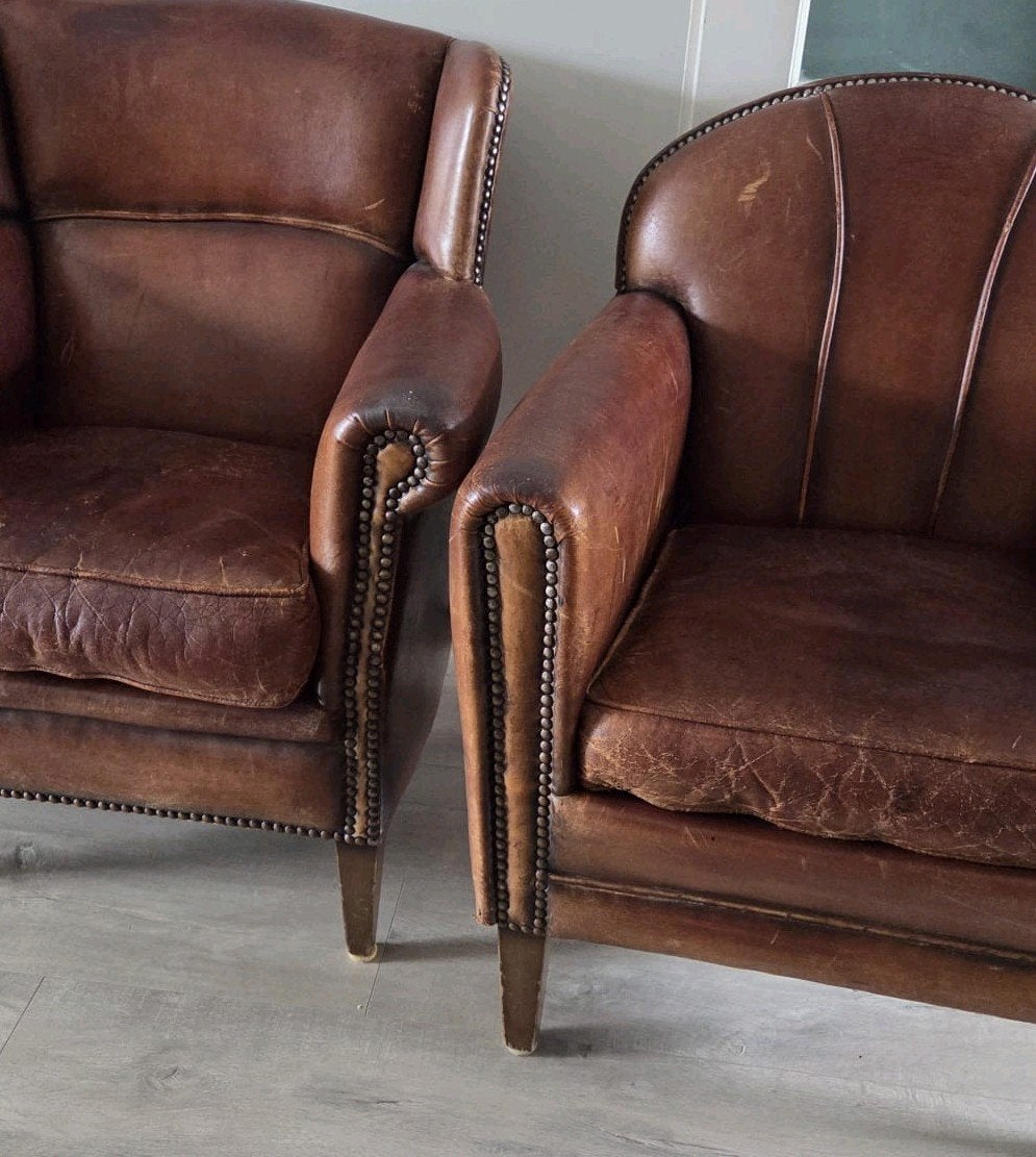 2x schapenleer club fauteuils, Huis en Inrichting, Ophalen, Gebruikt, 75 tot 100 cm, 50 tot 75 cm