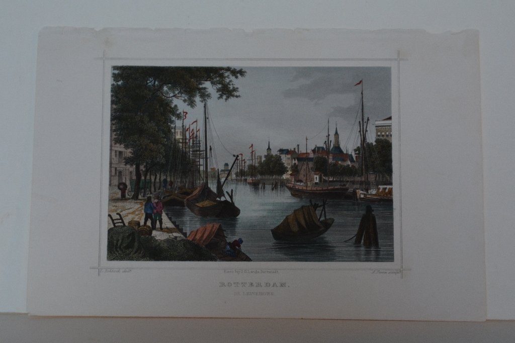 ROTTERDAM LEUVEHAVEN Terwen Handgekleurde Staalgravure GJ2, 10 cm, 1800 - 1899, Verzenden, Stadsgezicht