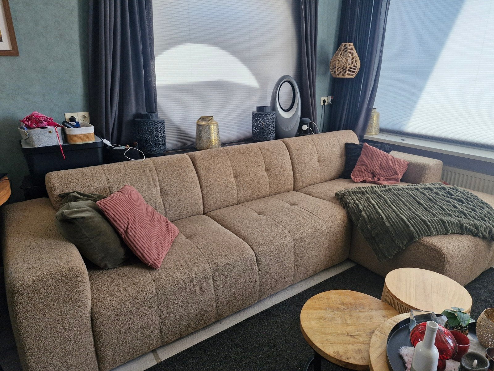 Grote beige hoekbank met chaise longue, Ophalen, Gebruikt, Stof, Modern