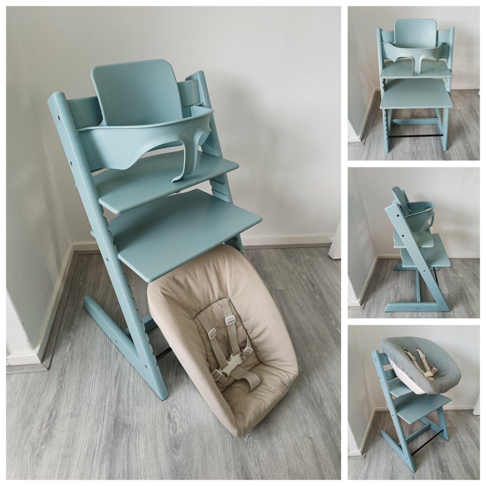Stokke Tripp Trapp aqua blue+babyset, newbornset, extra hoes, Kinderen en Baby's, Kinderstoelen, Meegroeistoel, Ophalen of Verzenden