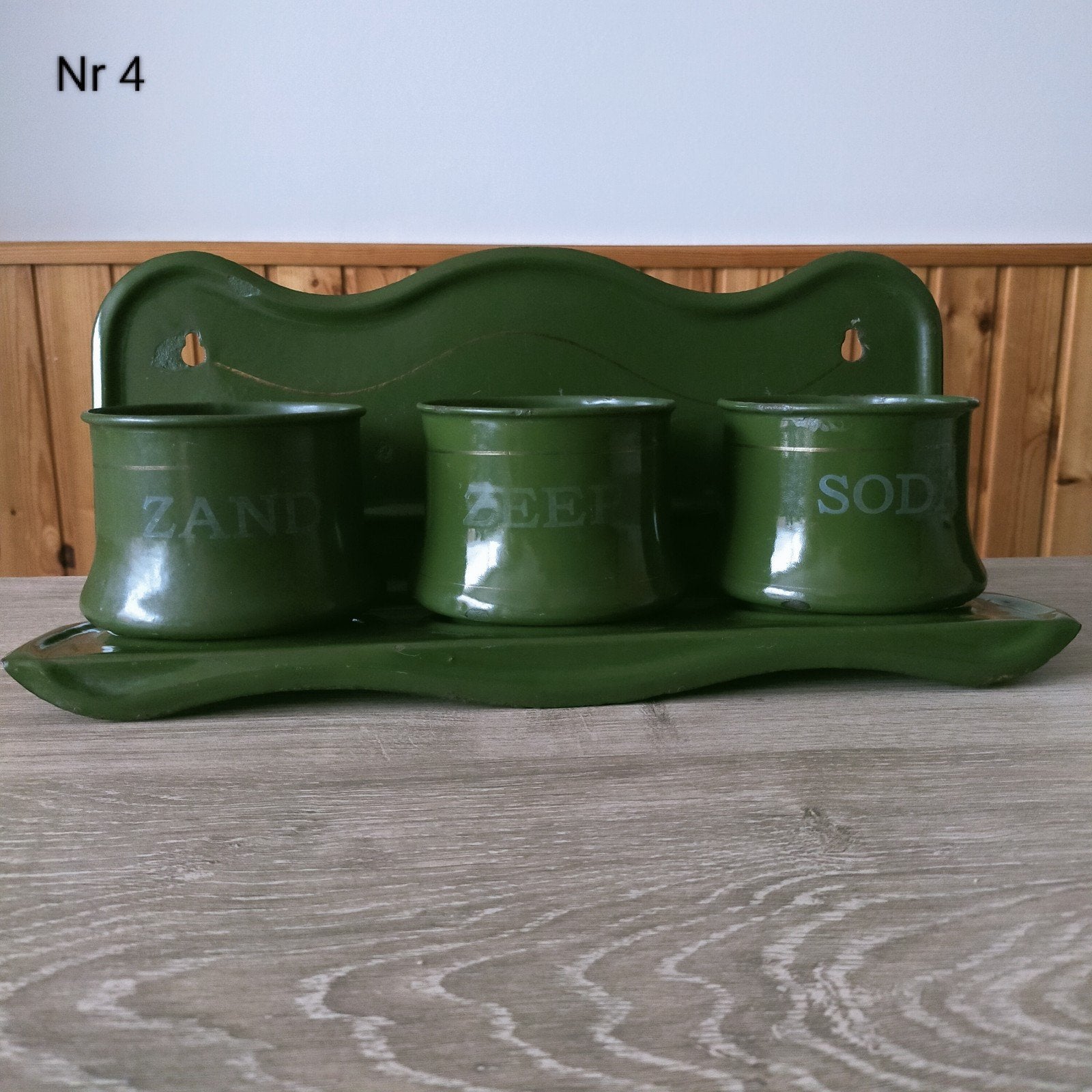 EMAILLE DONKER GROEN ZAND ZEEP EN SODA MET REKJE., Antiek en Kunst, Antiek | Emaille, Ophalen of Verzenden