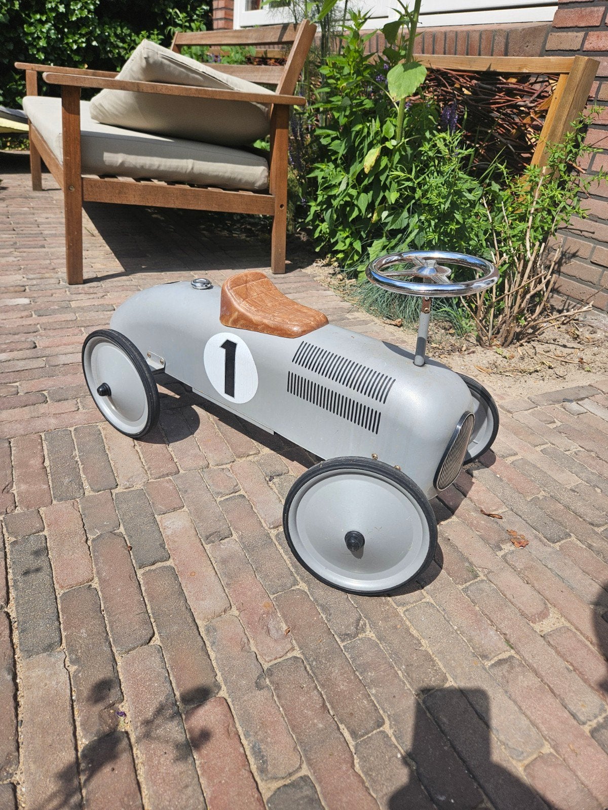 Vintage loopauto 'Raceauto 1' - Grijs met bruin leer, Ophalen of Verzenden, Gebruikt