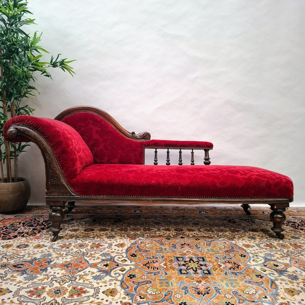 Antieke Chaise Lounge - Sofa - Rood Velours, Huis en Inrichting, Banken | Sofa's en Chaises Longues, Ophalen, Gebruikt, Eenpersoons