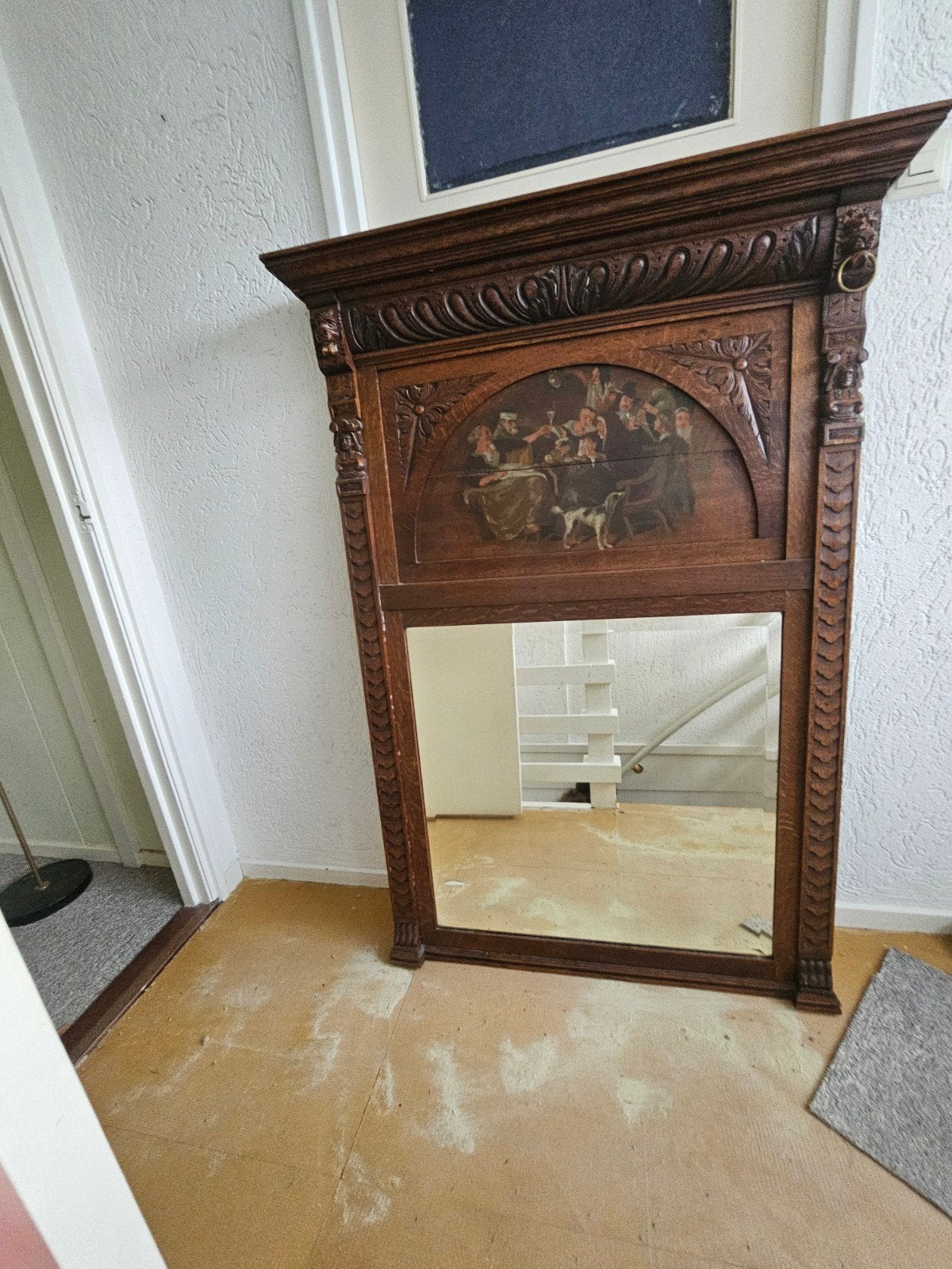 Antieke spiegel met beschildering, Antiek en Kunst, Ophalen, Rechthoekig, 100 tot 150 cm, 100 tot 150 cm
