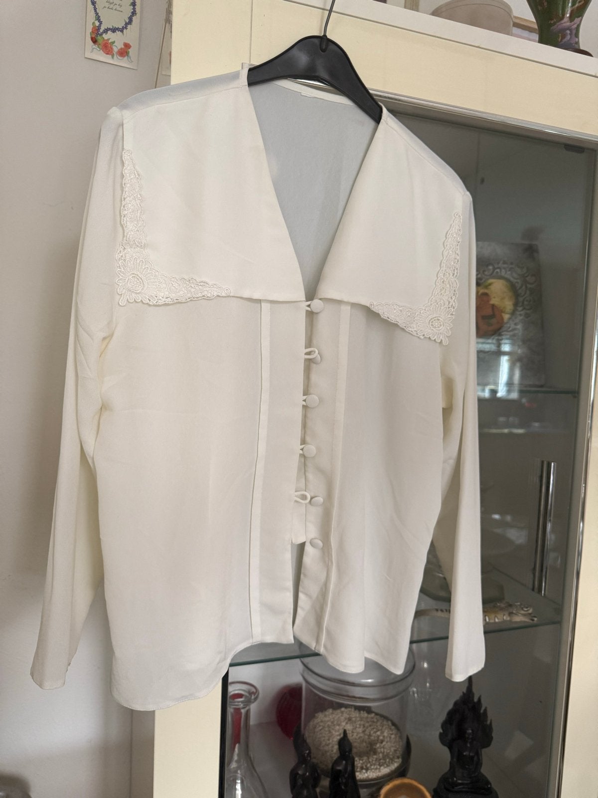 Elegante witte blouse met kanten kraag - Maat 42, Ophalen of Verzenden, Zo goed als nieuw, Maat 42/44 (L), Wit
