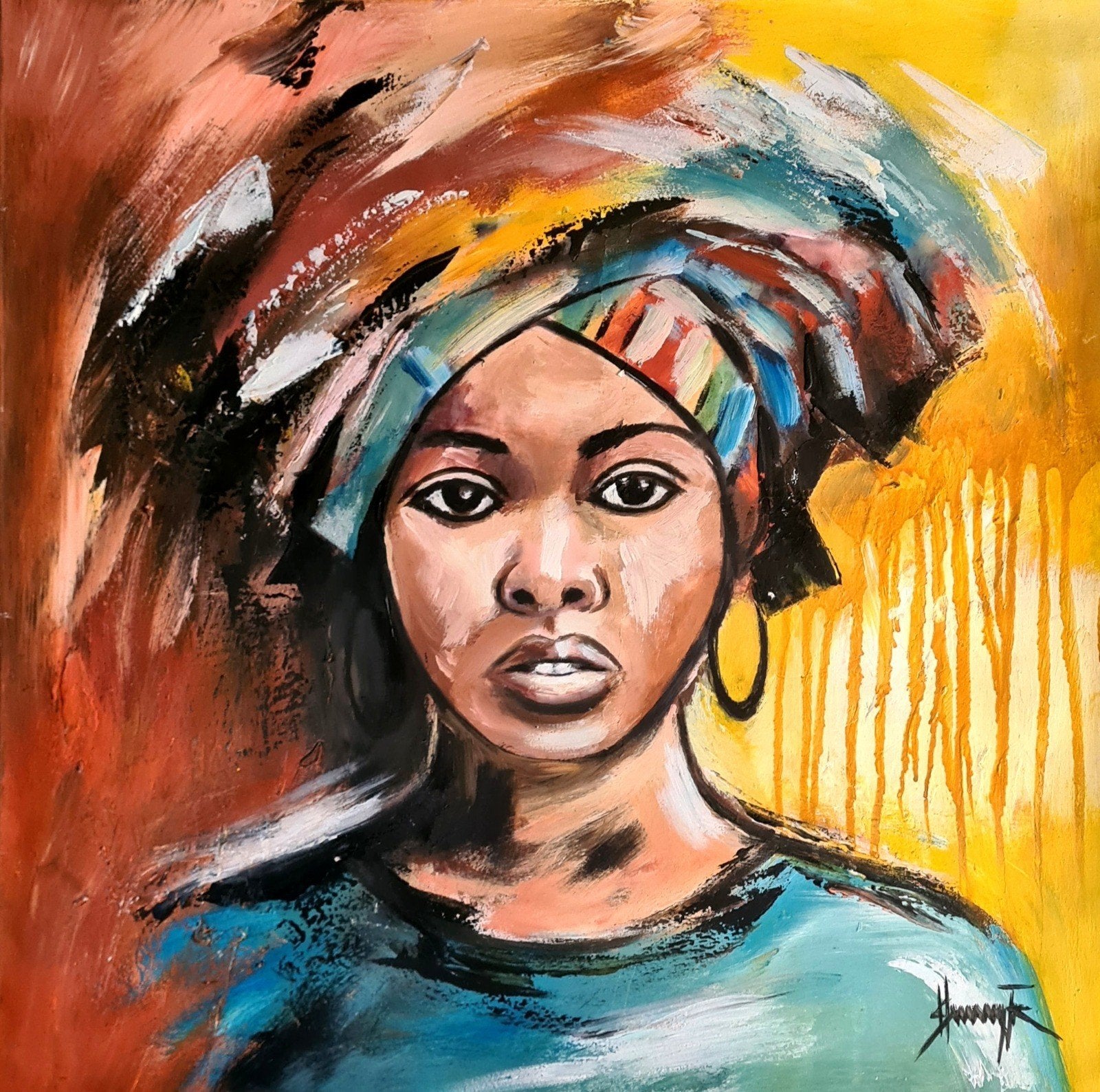 Colorful Headscarf (Ibrahim Sesay Jr.), Antiek en Kunst, Ophalen, Acrylverf, Op houten frame, Portret