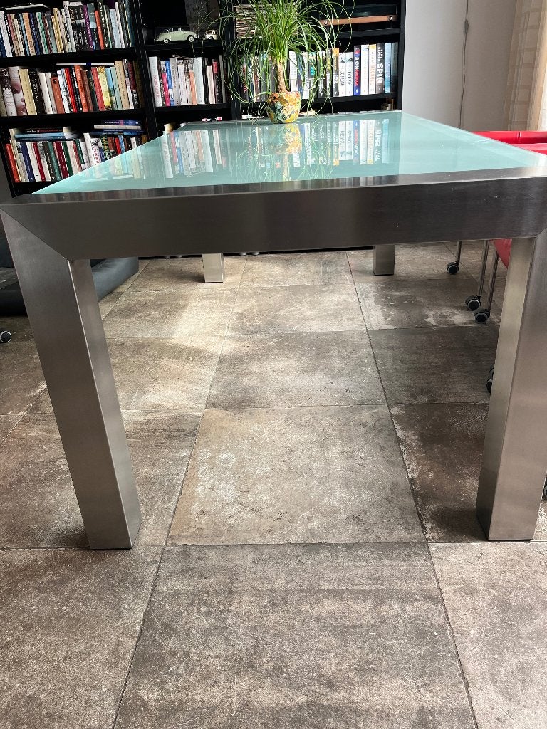 Eettafel glazen blad rvs onderstel 2x1 m., Huis en Inrichting, Tafels | Eettafels, Ophalen, Gebruikt, 200 cm of meer, 50 tot 100 cm