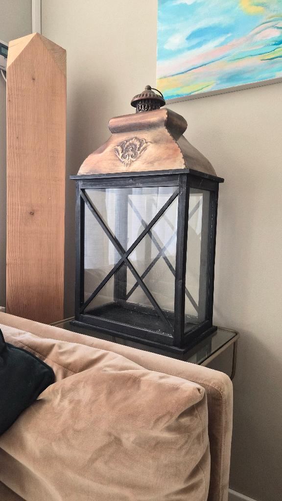Vintage copper Lantern, Huis en Inrichting, Woonaccessoires | Kandelaars en Kaarsen, Ophalen, Zwart, Zo goed als nieuw, Kandelaar