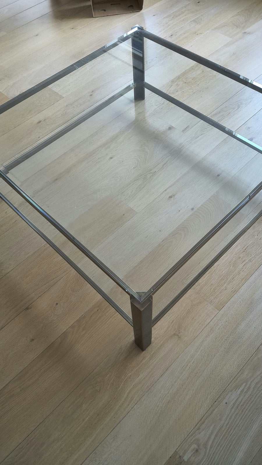 Glazen salontafel met messing frame, Huis en Inrichting, Ophalen, 50 – 75, Gebruikt, 100 tot 150 cm