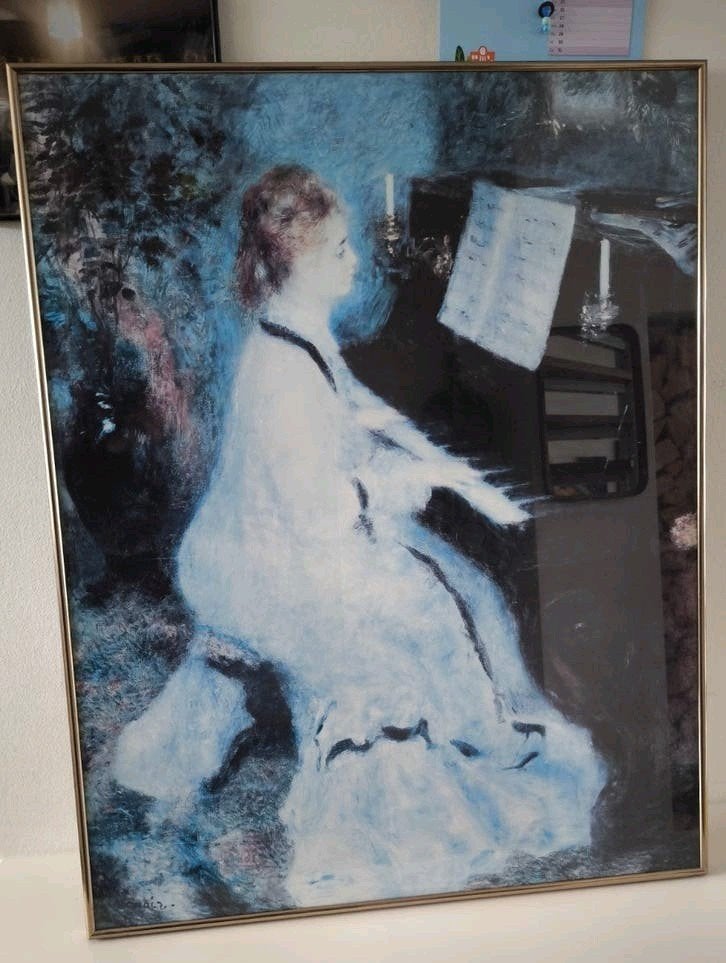 Grote vintage schilderij 87 x 68 cm Glas + metaal omlijsting, Ophalen