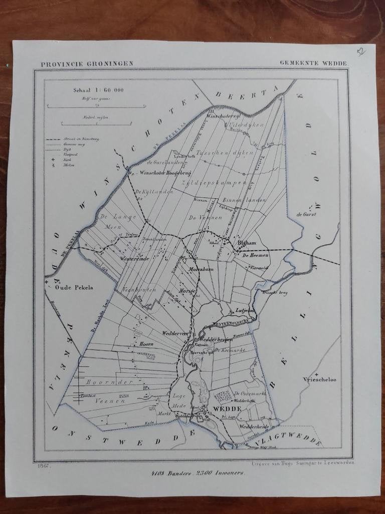 52 / Gemeente Wedde Blijham Litho uit 1867 van J. Kuyper, Antiek en Kunst, Ophalen of Verzenden