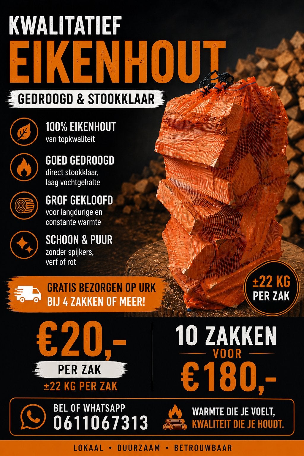 Gedroogd eiken haardhout – 22 kg per zak – stookklaar