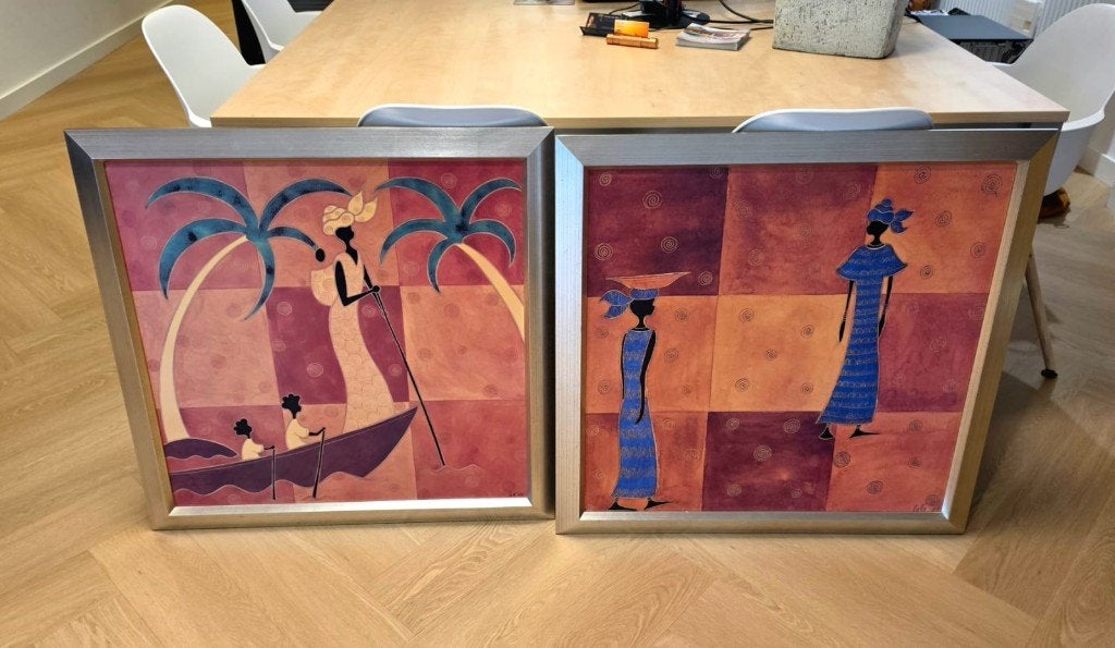 2 Schilderijen Afrikaans, Ophalen, Zo goed als nieuw, Schilderij, 75 tot 100 cm