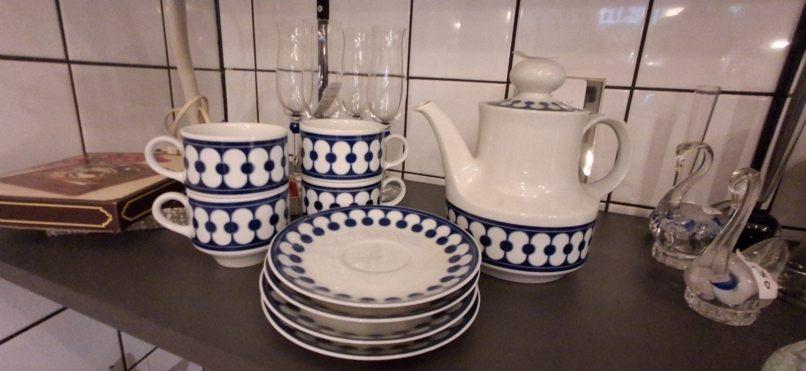 Vintage koffie- of theeservies met geometrisch patroon, Ophalen of Verzenden
