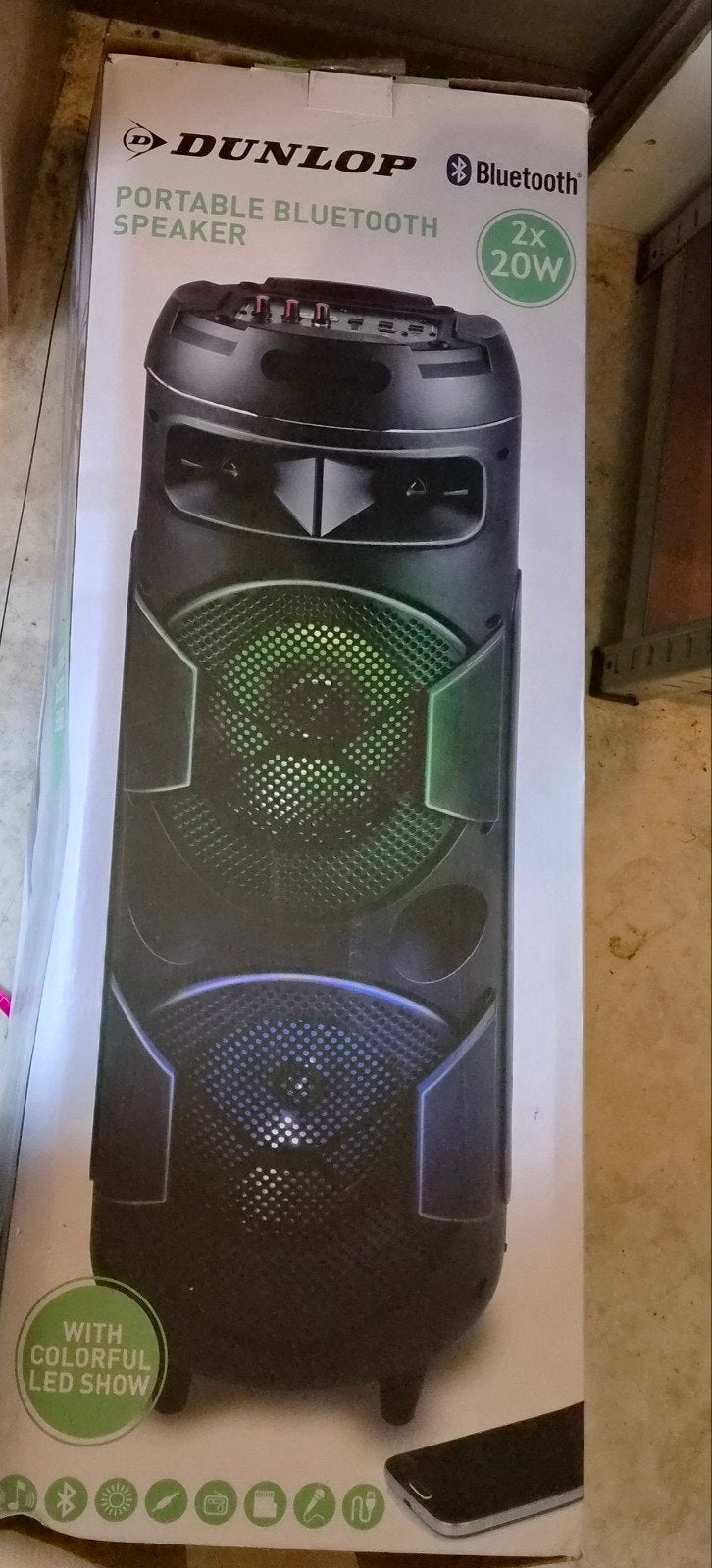 Dunlop (Draagbare)Bluetooth Speaker met LED Show 2x20W, Inclusief kabels, Nieuw, Draagbare speaker, Minder dan 60 watt
