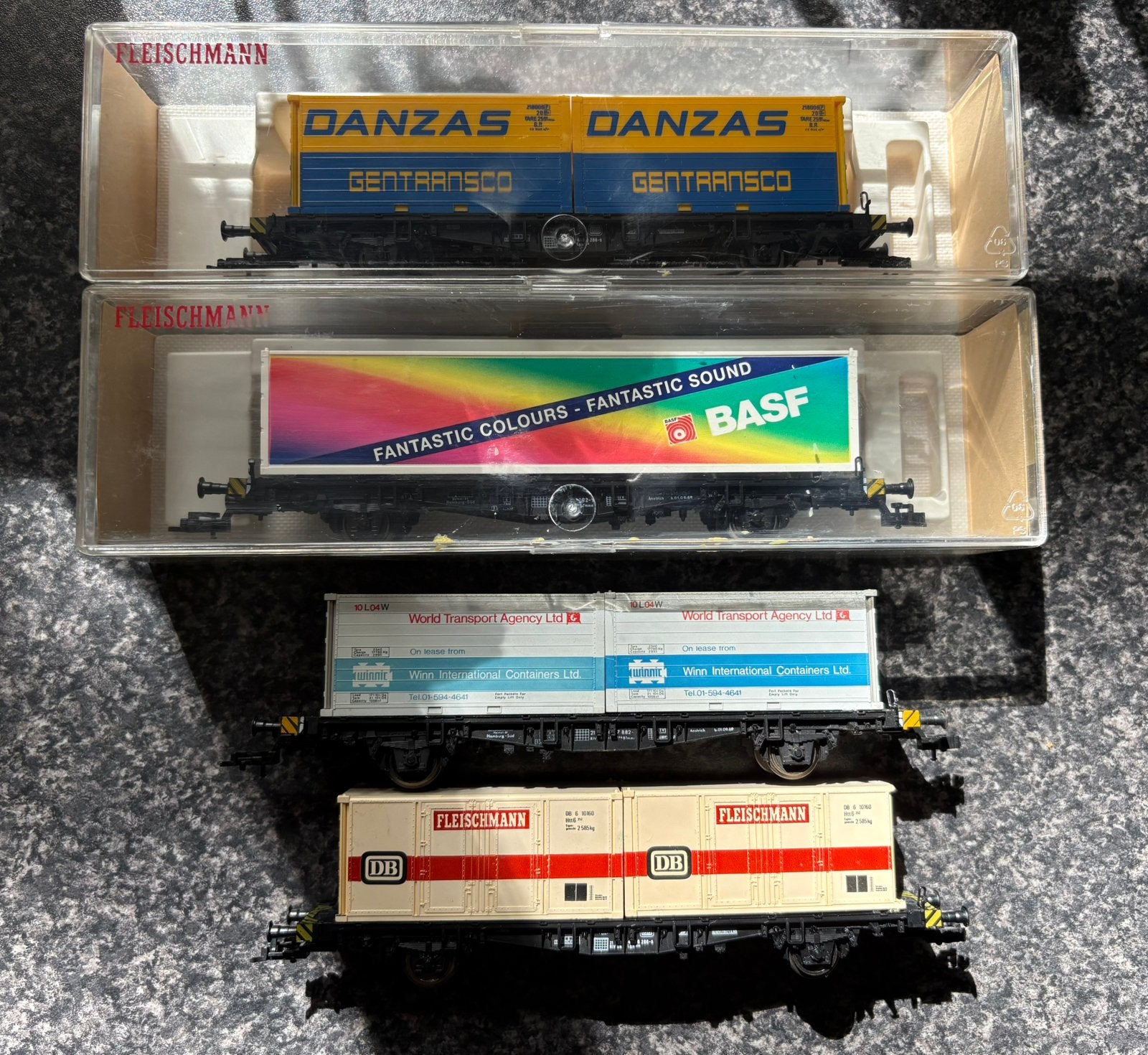 Fleischmann containerwagen set H0 , 4 stuks, Gebruikt, Gelijkstroom, Fleischmann, Wagon