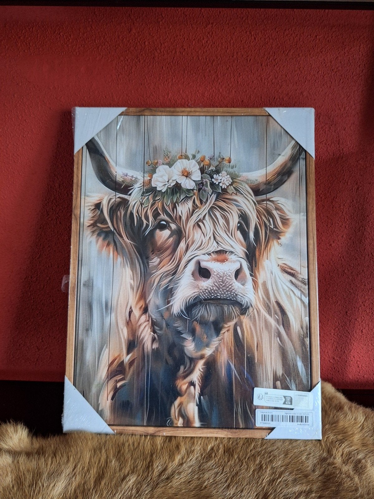 Schilderij Schotse Hooglander met bloemenkrans 40x30 cm, Ophalen, Minder dan 50 cm, Nieuw, Schilderij