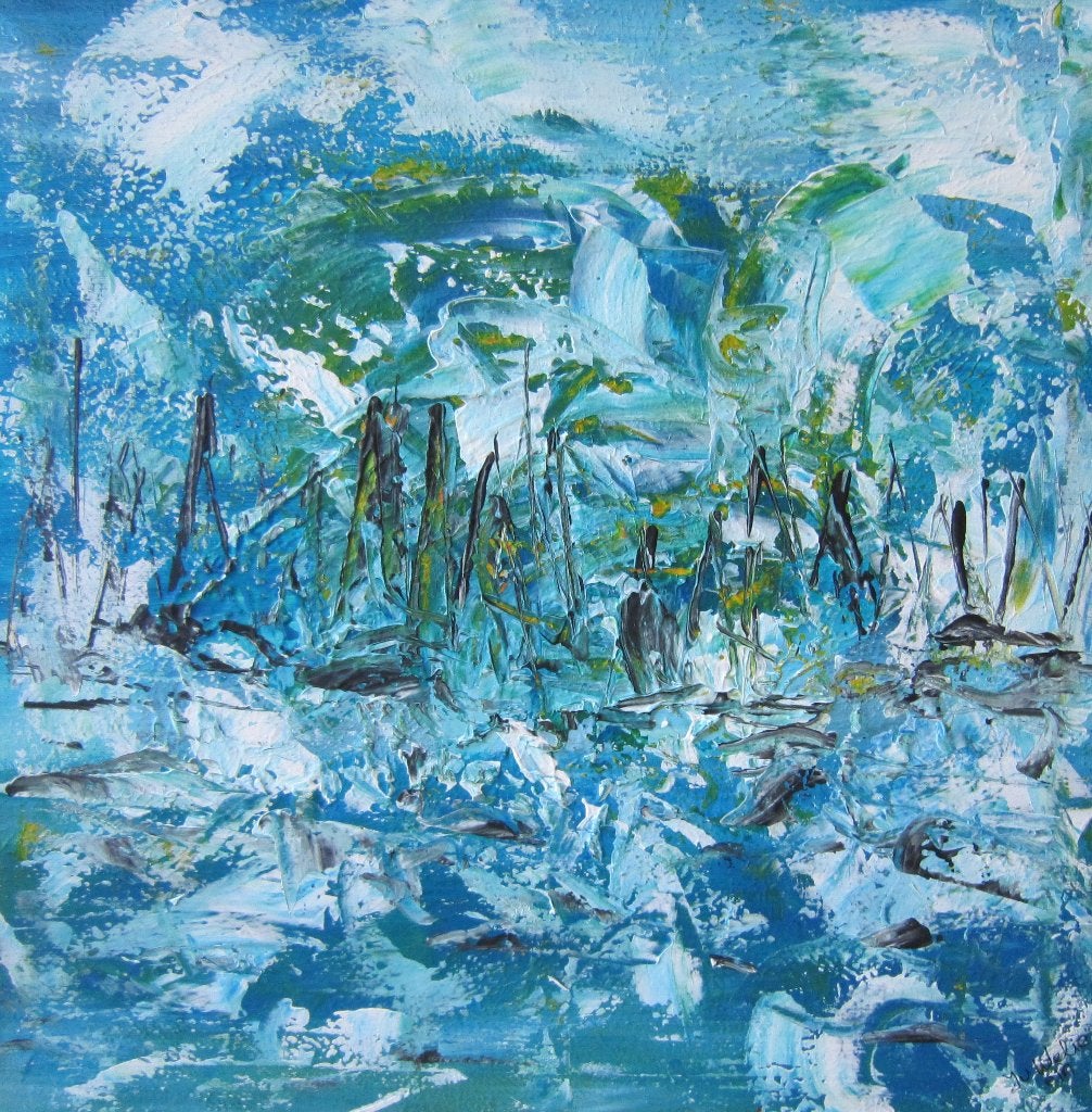 Abstracte blauwe en groene kunst op canvas, Ophalen
